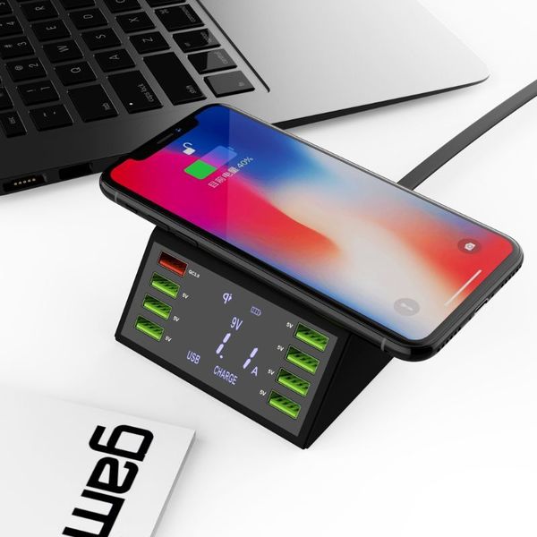 

60w qc 3.0 quick charge 8 usb ports charging dock station qi wireless fast charger with voltage current display for iphone x6ha
