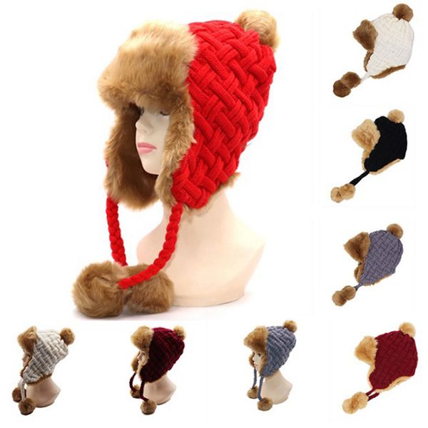 

women hat winter faux fur hairball soft beige bomber hat beanies wool knit pom pom trapper cap keep warm, Blue;gray
