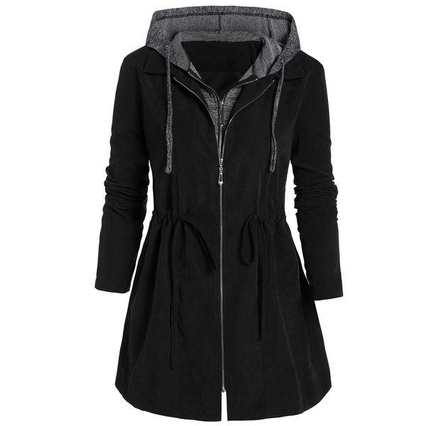 

rosegal plus size zipper hooded coat marled panel tunic coat 2019 fall winter casual outwear women high waist slim jackets, Black