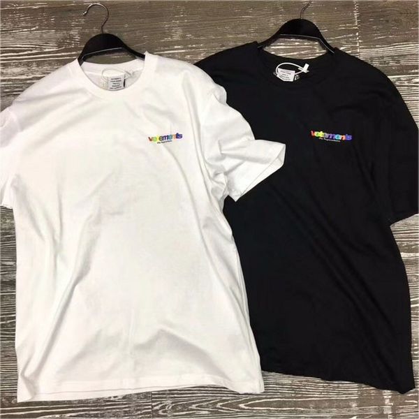 

vetements t shirts colored rainbow candy embroidery vetements tees 2018 men women 1:1 fashion casual vetements t-shirt y19060601, White;black