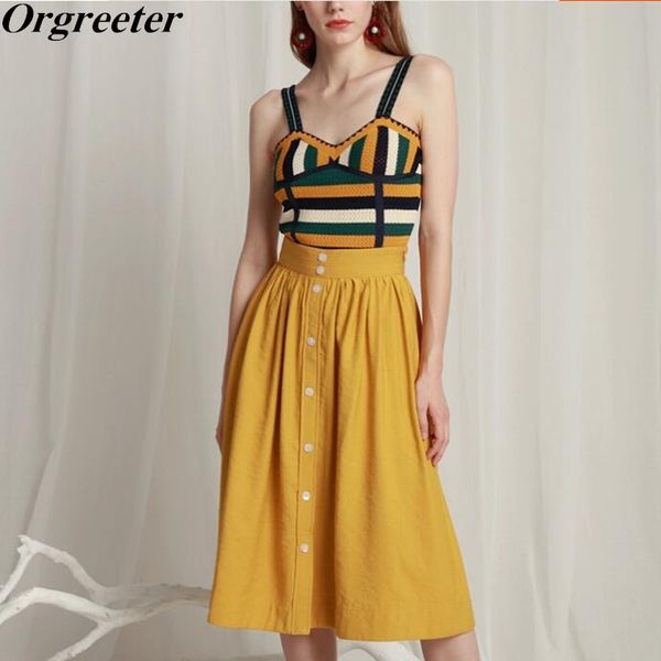 

2020 summer new coloured striped knitted yellow sleeveless vest + button skirt suits womens holiday beach 2 piece sets, White