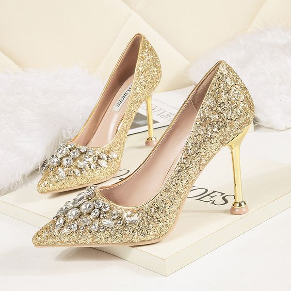

2020 new women fetish 9cm high heels female bridal stiletto crystal heels pumps lady scarpins elegant glitter gold wedding shoes, Black