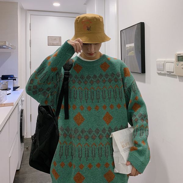 

2019 winter men's leisure in warm cashmere pullover mens woolen sweaters casual brand loose knitting printing coats size -xl, White;black