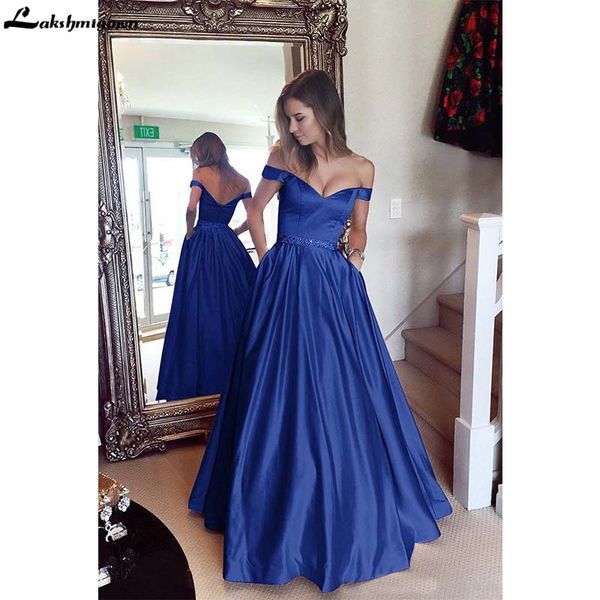 

royal blue satin long evening dresses bead off shoulder formal evening gowns elegant party gow vestido de noche vestido longo, White;black