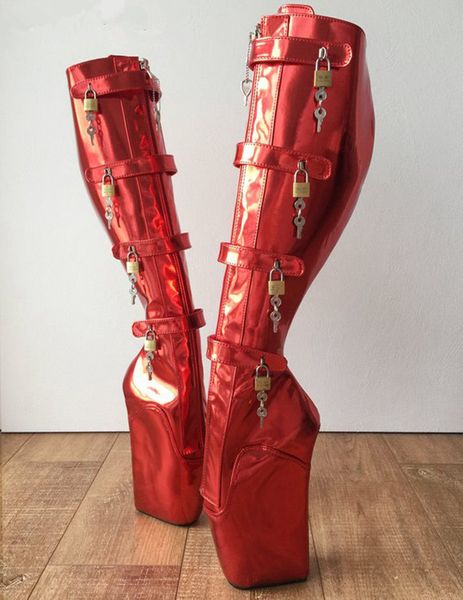 

plus size ballet boots metallic red buckle straps ballet heels 10 locks wedge interboots fetish gothic for ladies, Black