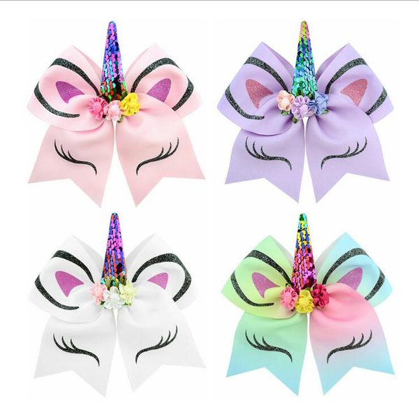 

7.0" large boutique hair bows girls school hair clip large sequin unicorn bows ponytail 12 colors, Slivery;white