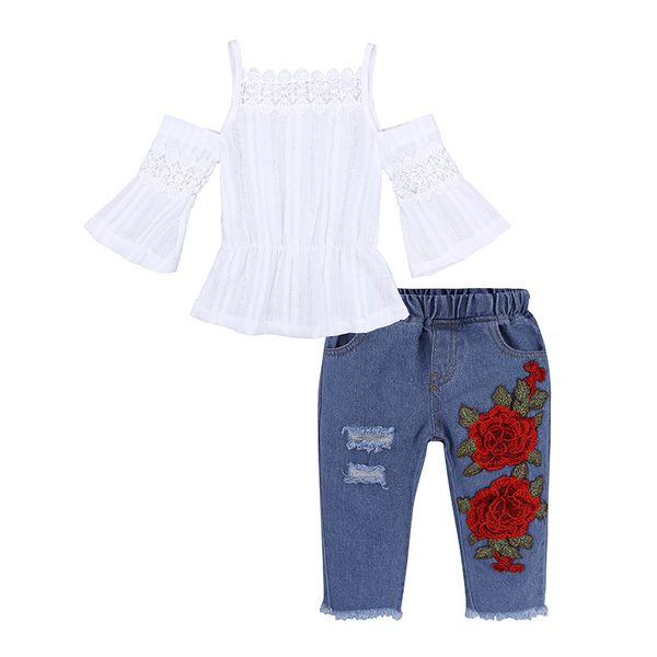 

newborn kids baby girls toddler infant ins clothes set sling white embroidered denim long pants hole jeans outfits 80-120cm b427