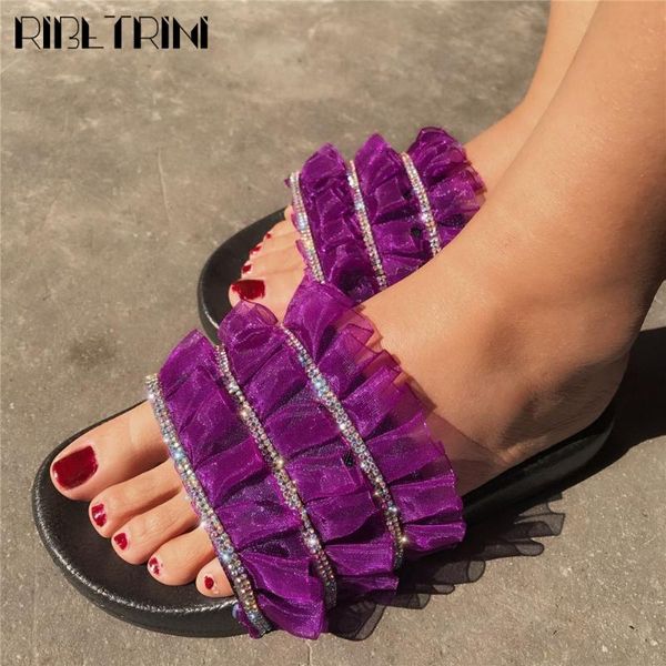 

ribetrini fashion ins rhinestone shoes 2020 trendy bright ruffles women slides comfy casual low heel summer slides, Black