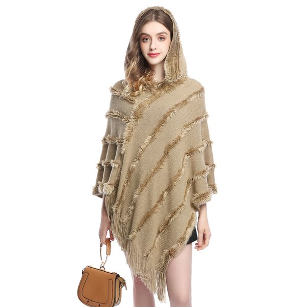 

autumn knitted poncho women fur hooded ponchos and caps winter outdoor wear blanket coat femme fleece sweater cardigan plus size