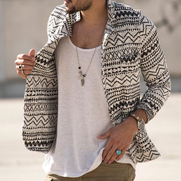

mens lapel collar knitted outwear cardigan jacket long sleeve printed overcoat, Black;brown