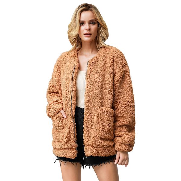 

new arrival women plush scarf coat casual solid faux fur pocket outwear cardigan pocket loose scarf coat jackets plus size, Black;brown