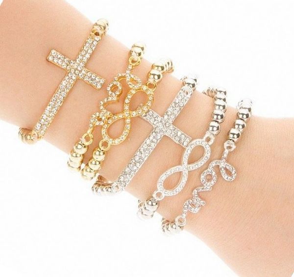 

pameng новая мода кристалл крест любовь стрейч очарование шарик серебряный цвет эластичный веревка браслеты для женщин ювелирные изделия s00, Golden;silver