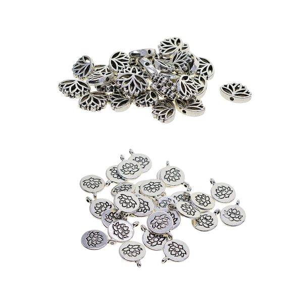

60pcs 2 style antique silver tibetan alloy lotus flower charms beads for diy bracelet necklace jewelry making