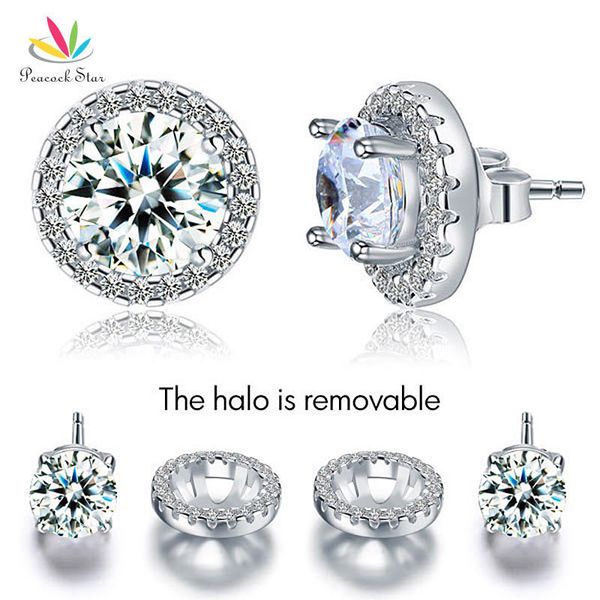 

peacock star 2.5 carat halo (removable) stud earrings solid 925 sterling silver jewelry cfe8125 t7190617, Golden;silver