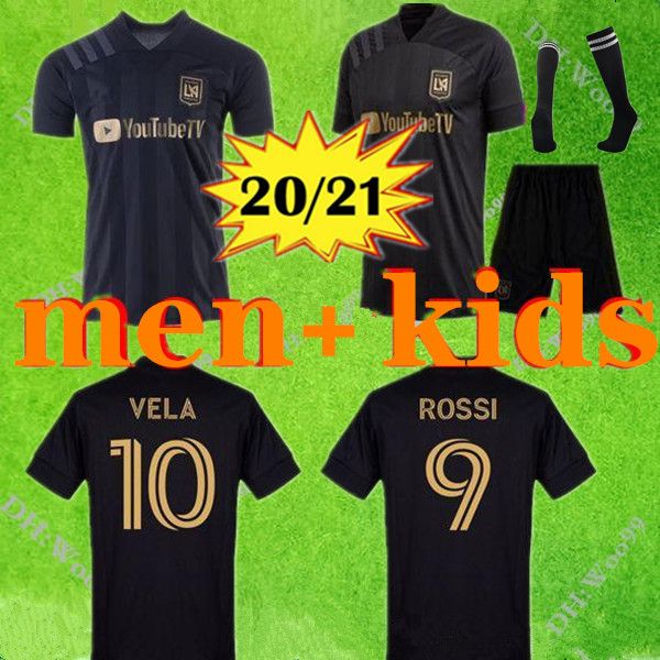 

men 2020 mls los angeles fc kids kit +socks soccer jersey 20/21 black rossi vela mens soccer shirt zelaya zimmerman dio football uniform, Black;yellow