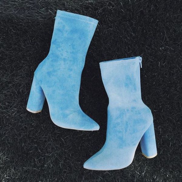 

moraima snc pointed toe woman boots sky blue stretch fabric thick heels ankle boots super high runway high heel, Black