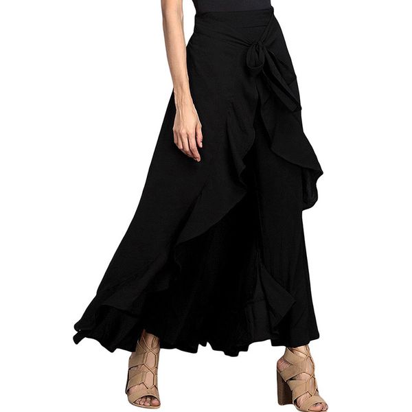 

womens boho ruffle long pants wide leg pant female office wear loose baggy harem trousers with bowbelt, Black;white