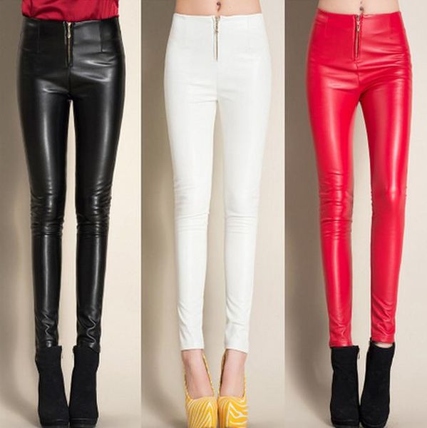 

#0521 2017 winter black/white/red fleece leggings faux leather pants skinny pencil pants casual with zipper trousers women