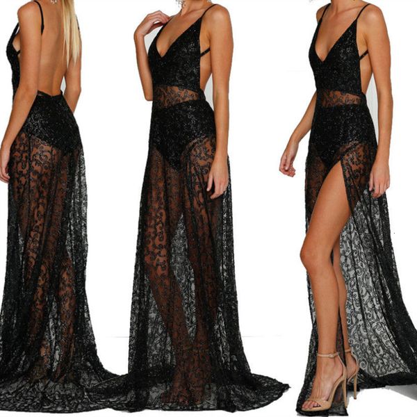

new arrival 2019 sring evening party hollow out beach long dress women sleeveless deep v neck lace floral maxi split dress party, Black;gray