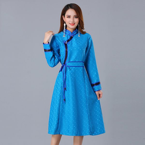 

spring autumn ethnic clothing mongolian cheongsam women ao dai qipao dress long sleeve robe party vintage elegant oriental costume, Red