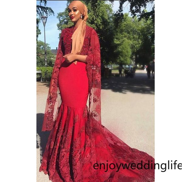 

south african mermiad dresses formal party evening gowns with beaded lace applique capped 3/4 sleeves long prom dresses dubai arabic, Black;red