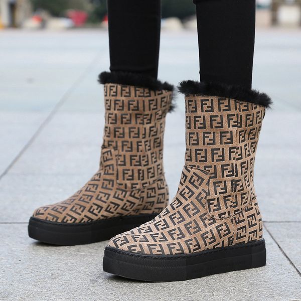 

2019 geometric leopard mid-calf women snow boots slip-on flock round toe winter plush lady platform bota feminina, Black