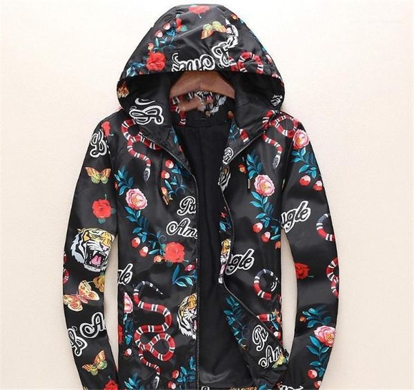 

mens coats males clothing mens digital print designer jackets fashion snake tiger flower print zipper pocket, Black;brown