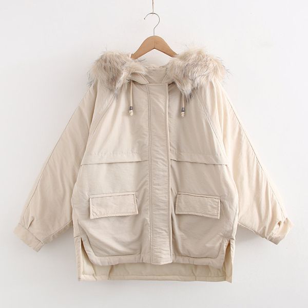 

2019 fashion new winter girl solid color large fur collar cotton jacket ladies loose korean version of the simple cute hooded, Black