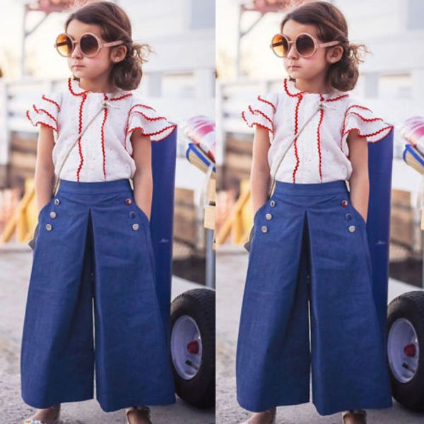 

cool 2pcs toddler girls clothes short swings sleeve shirt +long denim wide leg blue pants trendy princess outfit summer set, White