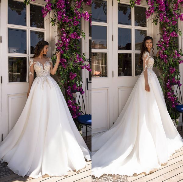 

2020 long sleeve wedding dresses a line sheer neck beaded lace applique sweep train bohemian boho wedding dress custom made robes de mariÃ©e, White
