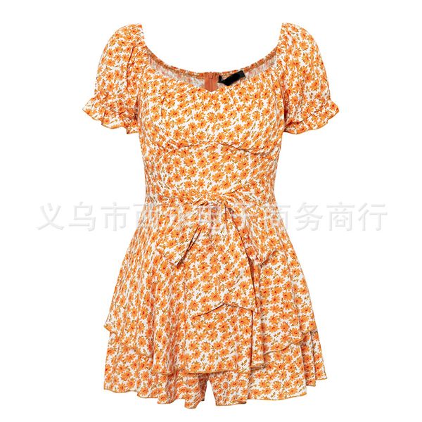 

off shoulder boho print short jumpsuit slash 2020 summer women ruffle high waist rompers girl beach holiday playsuit m088, Black;white