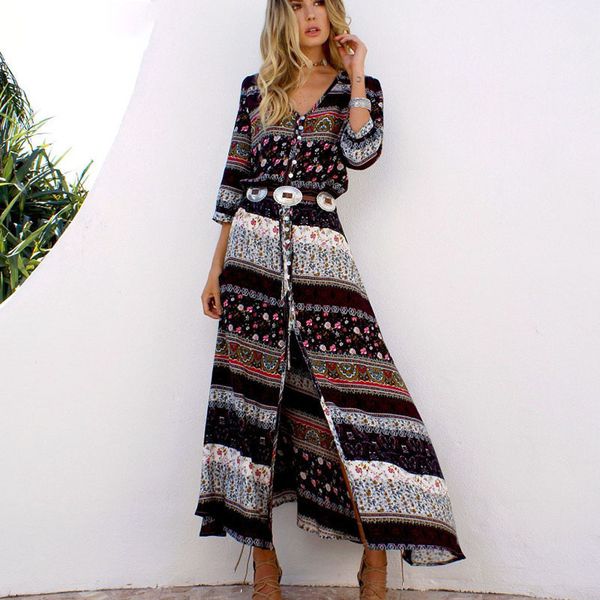 

женские платья женской одежды 2019 новый артистический фонариков рукавом печати женщины maxi длинное платье цветочные печати хиппи марка оде, Black;gray