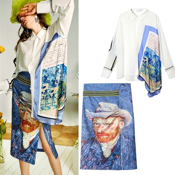 

runway designer skirt suits woman retro vingtage oil painting print long maxi blouses shirts and cut high waist skirt suit sl050, White