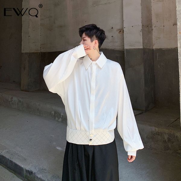 

ewq / casual men's clothes bat sleeve design patchwork hem long sleeve white shirt for male & female 2019 fashion new 19h-a51, White;black