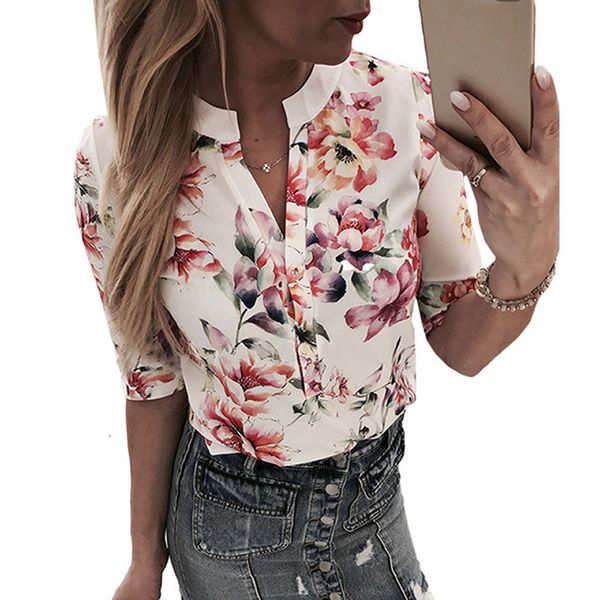 

dorvivon сорочка femme 2019 лето весна v-образным вырезом кнопка женщины блузки и топы половина рукава цветочный принт футболки poleras, White