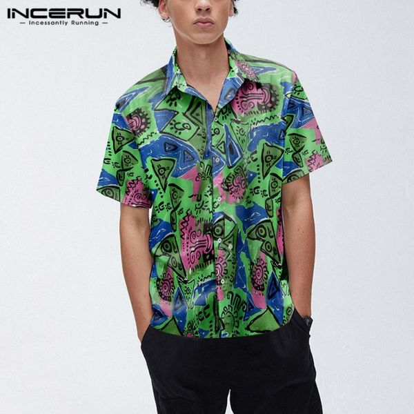 

incerun men casual button floral blouse fashion streetwear men printed shirt short sleeve turn down collar shirt 5xl, White;black