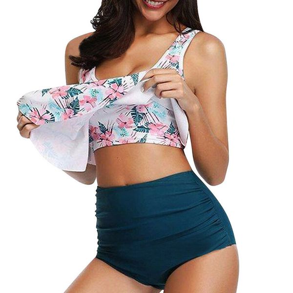 

women with pants bikini suit ruffled high waist slim fit swimsuit clothing set for summer ed-shipping