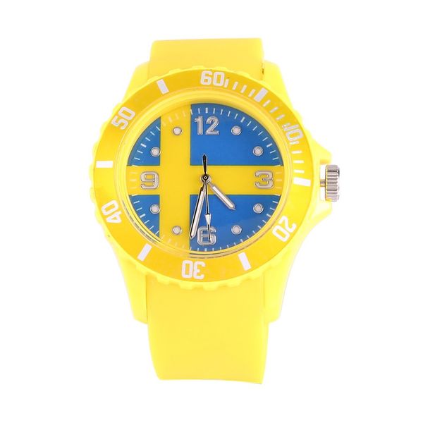 

sweden/russian flag pattern quartz watches yellow color silicone strap wristwatches gifts for lover, Slivery;brown