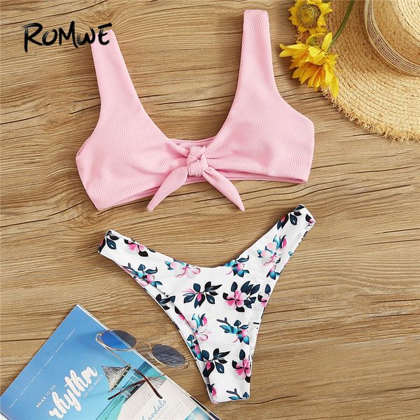 

romwe sport bikinis set knot front ribbed pink with floral low rise bottoms swimsuit women summer 2019 beach swimwear