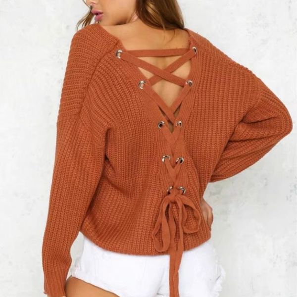 

fashion women sweaters winter korean lace up back v neck jumpers oversize knitted pullovers solid color casual sweater, White;black