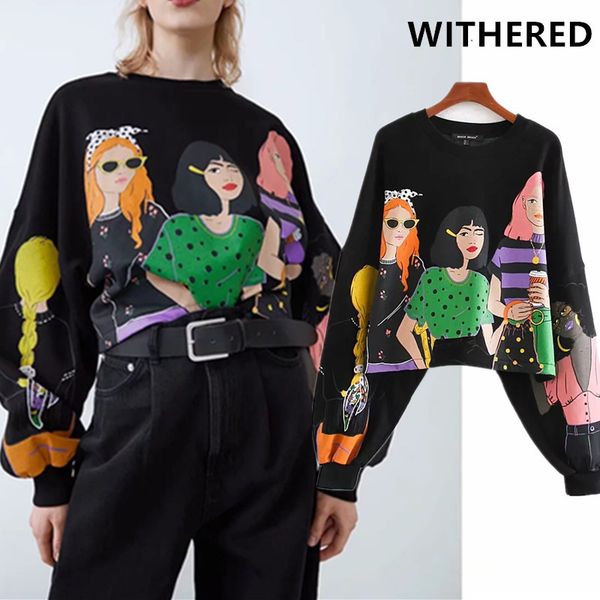 

withered 2019england high street vintage girls printing o-neck oversize winter hoodies women sweatshirt pullovers plus size, Black