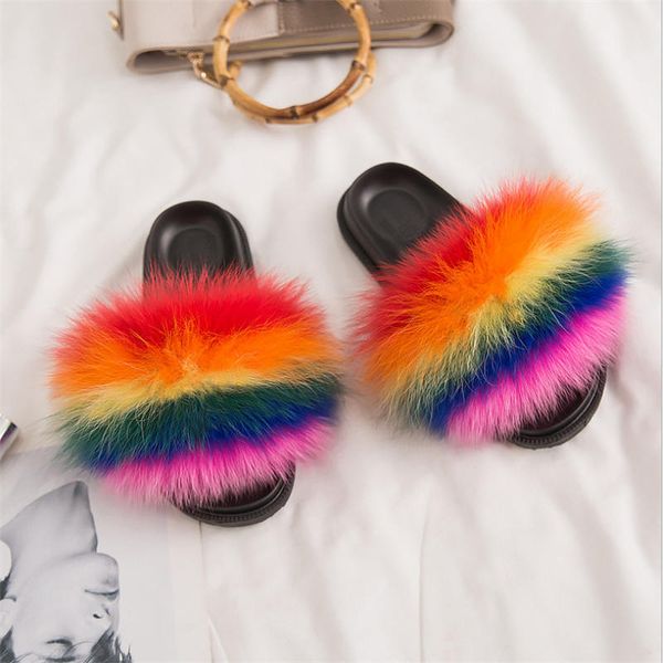 

confetti fur slippers fluffy house slides fashion flat sole women slippers mixed color big fur flip flops soft flat, Black