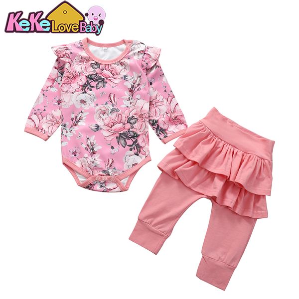 

clothing sets baby girl clothes born infant set long sleeve ruffle romper leggings pants floral outfit toddler 0-24m, White