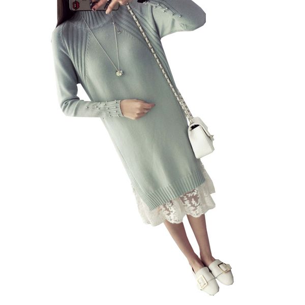 

winter plus size lace dress women maxi knitting long turtleneck basic dress 2020 autumn warm long sleeve sweater female ok497, White;black