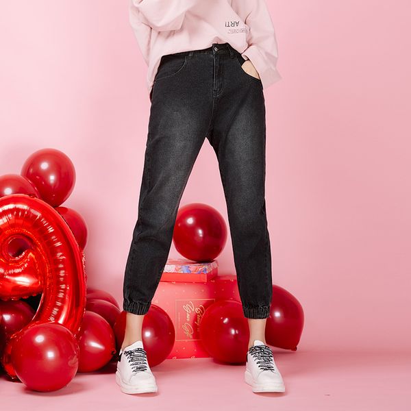 

leijijeans 2019 low elastic mid-rise loose ladies harlan jeans beam foot sports girl style black plus size women jeans 9065, Blue