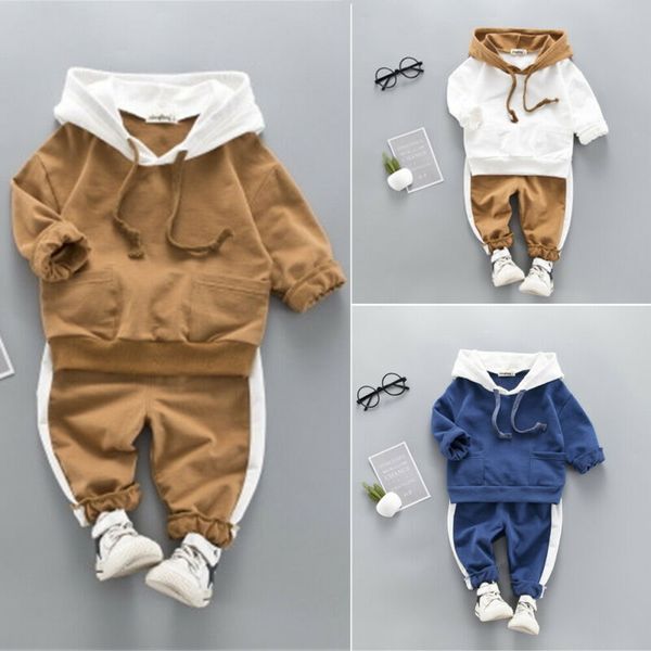 

2019 autumn baby girl toddler boy clothes long sleeve patchwork hooded sweatshirt long pants kids outfit, White