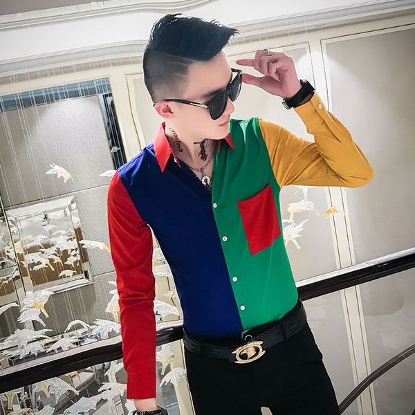 

men shirts autumn fashion patchwork color shirt men clothes 2019 slim fit long sleeve tuxedo shirt dress casual blouse, White;black