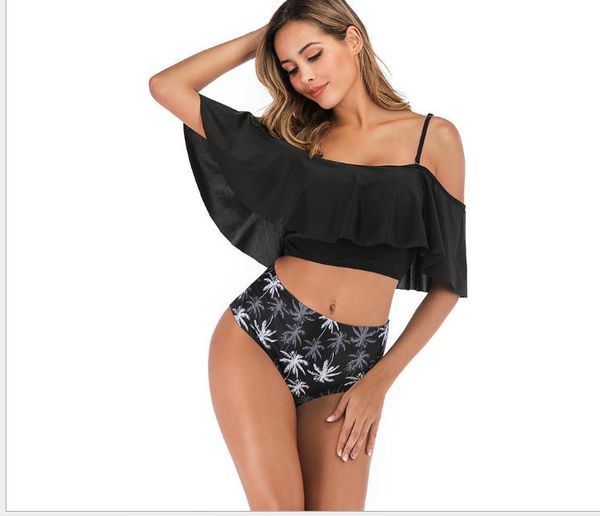

new european and american bikini swimsuit with shoulder, lotus leaf and waist covering belly