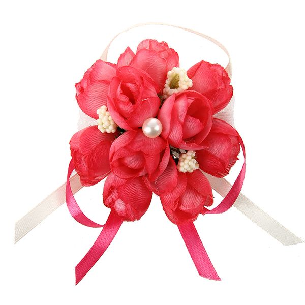 

wrist corsage bracelet bridesmaid sisters hand flowers wedding party bridal prom rose red
