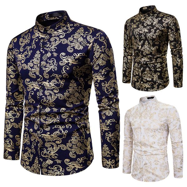 

autumn nightclub casual men's fashion collar shirt men's fashion stamping printing long sleeve shirt men men, White;black